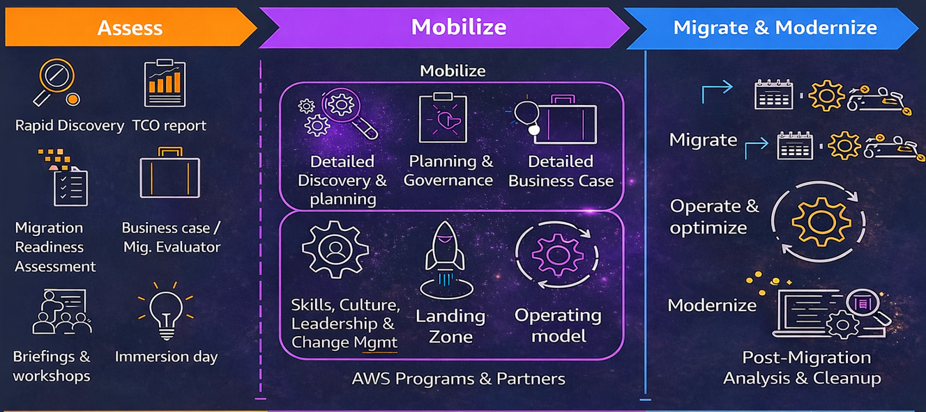AWS migration flow: Assess, Mobilize, Migrate & Modernize